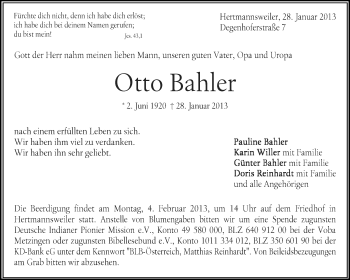 Traueranzeige von Otto Bahler von Waiblinger Kreiszeitung