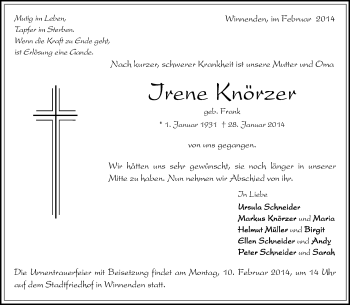 Traueranzeige von Irene Knörzer von Waiblinger Kreiszeitung