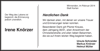 Traueranzeige von Irene Knörzer von Waiblinger Kreiszeitung