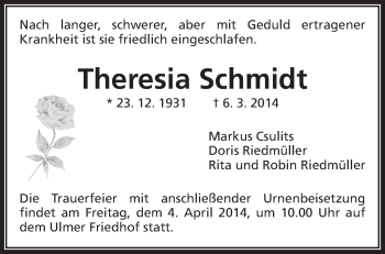 Traueranzeige von Theresia Schmidt von Waiblinger Kreiszeitung