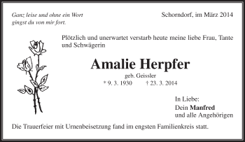 Traueranzeige von Amalie Herpfer von Waiblinger Kreiszeitung