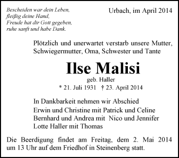 Traueranzeige von Ilse Malisi von Waiblinger Kreiszeitung