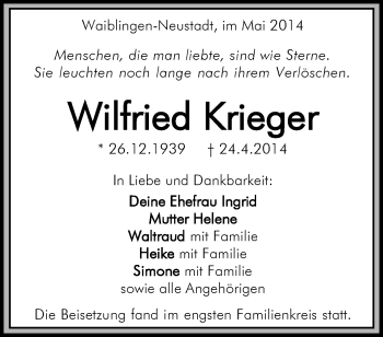 Traueranzeige von Wilfried Krieger von Waiblinger Kreiszeitung