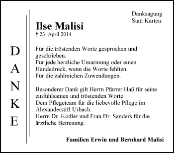 Traueranzeige von Ilse Malisi von Waiblinger Kreiszeitung