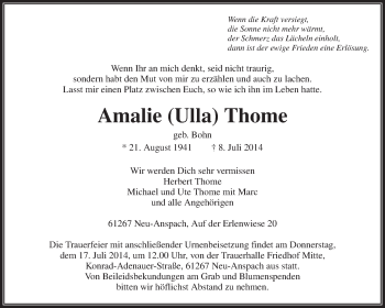 Traueranzeige von Amalie Thome von Waiblinger Kreiszeitung