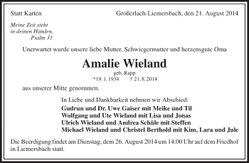 Traueranzeige von Amalie Wieland von Waiblinger Kreiszeitung