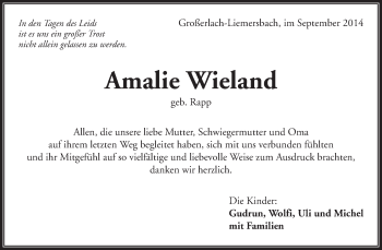 Traueranzeige von Amalie Wieland von Waiblinger Kreiszeitung