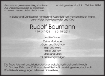 Traueranzeige von Rudolf Baumann von Waiblinger Kreiszeitung