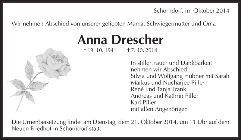  Traueranzeige für Anna Drescher vom 17.10.2014 aus Waiblinger Kreiszeitung