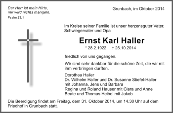 Traueranzeige von Ernst Karl Haller von Waiblinger Kreiszeitung