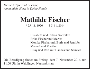 Traueranzeige von Mathilde Fischer von Waiblinger Kreiszeitung