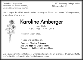 Traueranzeige von Karoline Amberger von Waiblinger Kreiszeitung