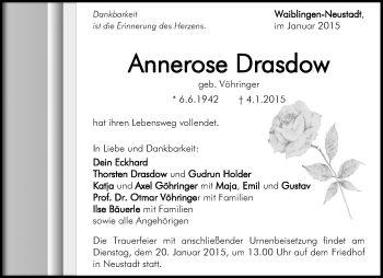 Traueranzeige von Annerose Drasdow von Waiblinger Kreiszeitung