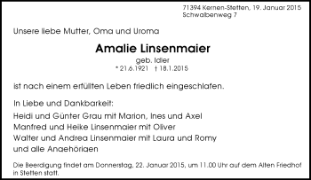 Traueranzeige von Amalie Linsenmaier von Waiblinger Kreiszeitung