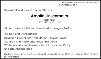 Traueranzeige von Amalie Linsenmaier von Waiblinger Kreiszeitung