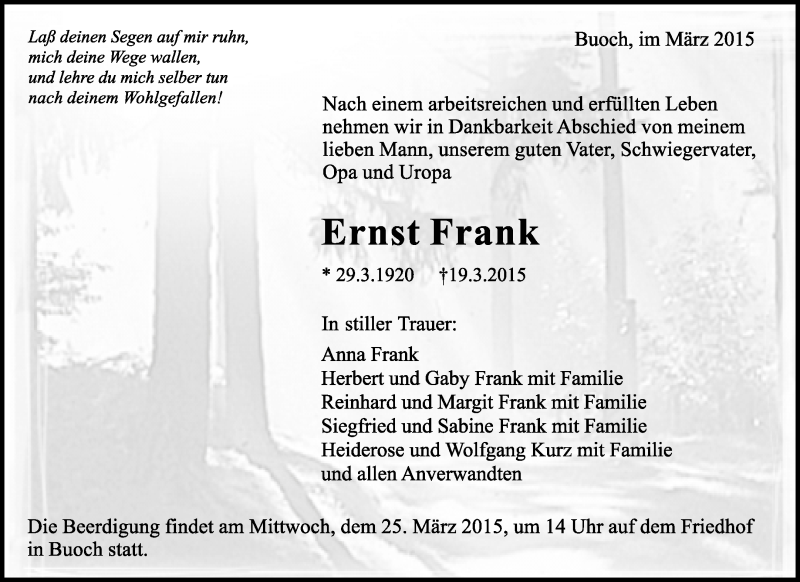  Traueranzeige für Ernst Frank vom 21.03.2015 aus Waiblinger Kreiszeitung