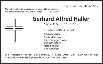 Traueranzeige von Gerhard Alfred Haller von Waiblinger Kreiszeitung