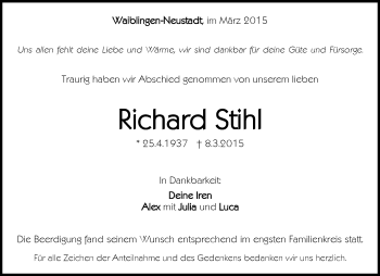 Traueranzeige von Richard Stihl von Waiblinger Kreiszeitung