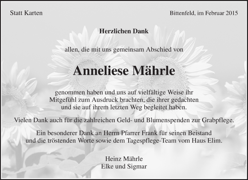 Traueranzeigen Von Anneliese Mahrle Zvw Trauer