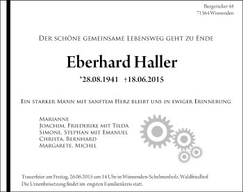 Traueranzeige von Eberhard Haller von Waiblinger Kreiszeitung