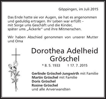 Traueranzeige von Dorothea Adelheid Gröschel von Waiblinger Kreiszeitung