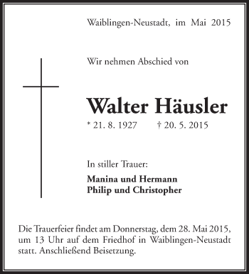 Traueranzeige von Walter Häusler von Waiblinger Kreiszeitung