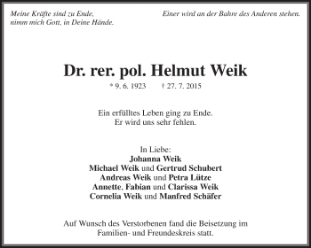 Traueranzeige von Helmut Weik von Waiblinger Kreiszeitung