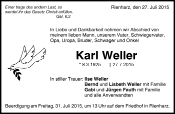 Traueranzeige von Karl Weller von Waiblinger Kreiszeitung