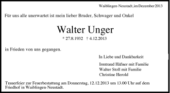 Traueranzeige von Walter Unger von Waiblinger Kreiszeitung