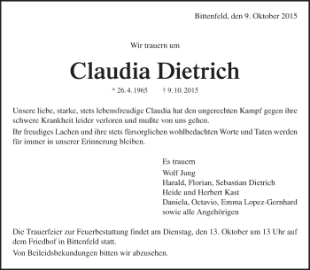 Traueranzeigen Von Claudia Dietrich | ZVW-Trauer