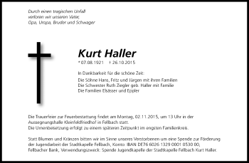 Traueranzeige von Kurt Haller von Waiblinger Kreiszeitung