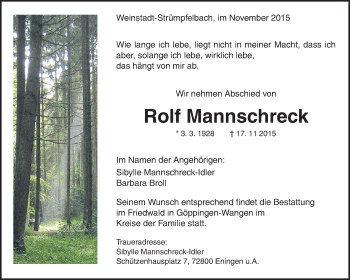 Traueranzeige von Rolf Mannschreck von Waiblinger Kreiszeitung