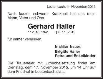 Traueranzeige von Gerhard Haller von Waiblinger Kreiszeitung