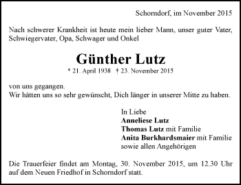 Traueranzeige von Günther Lutz von Waiblinger Kreiszeitung