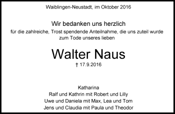 Traueranzeige von Walter Naus von Waiblinger Kreiszeitung