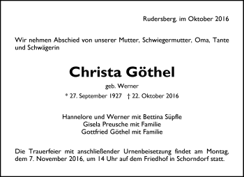 Traueranzeige von Christa Göthel von Waiblinger Kreiszeitung