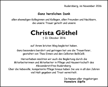 Traueranzeige von Christa Göthel von Waiblinger Kreiszeitung