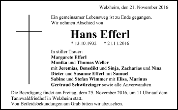 Traueranzeige von Hans Efferl von Waiblinger Kreiszeitung