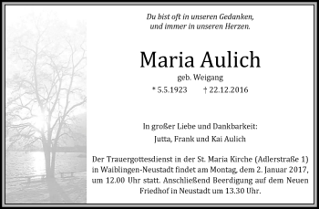 Traueranzeige von Maria Aulich von Waiblinger Kreiszeitung