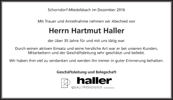 Traueranzeige von Hartmut Haller von Waiblinger Kreiszeitung