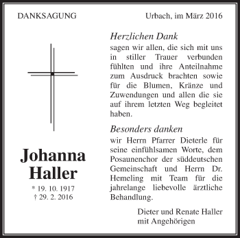 Traueranzeige von Johanna Haller von Waiblinger Kreiszeitung