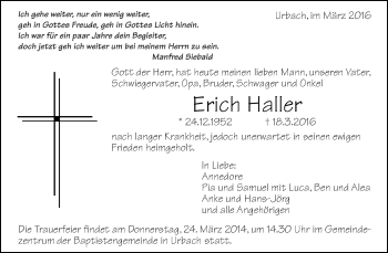 Traueranzeige von Erich Haller von Waiblinger Kreiszeitung