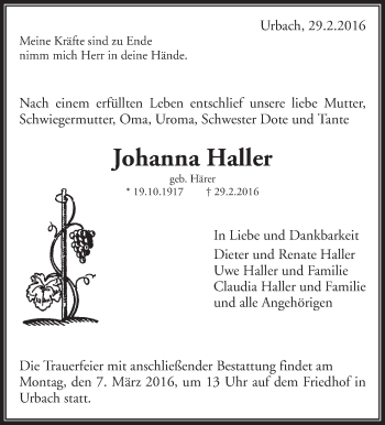 Traueranzeige von Johanna Haller von Waiblinger Kreiszeitung