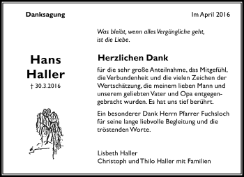 Traueranzeige von Hans Haller von Waiblinger Kreiszeitung