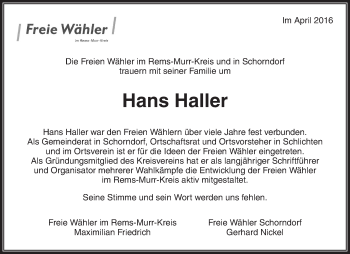 Traueranzeige von Hans Haller von Waiblinger Kreiszeitung