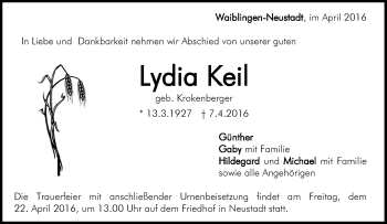 Traueranzeige von Lydia Keil von Waiblinger Kreiszeitung