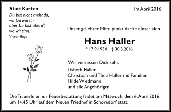 Traueranzeige von Hans Haller von Waiblinger Kreiszeitung