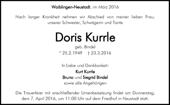 Traueranzeige von Doris Kurrle von Waiblinger Kreiszeitung