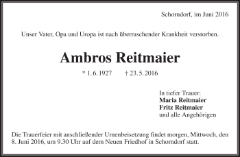 Traueranzeige von Ambors Reitmaier von Waiblinger Kreiszeitung