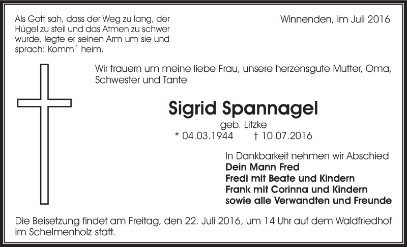  Traueranzeige für Sigrid Spannagel vom 16.07.2016 aus Waiblinger Kreiszeitung